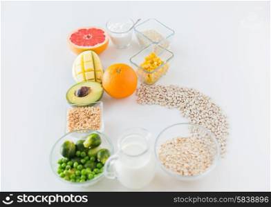 healthy eating, vegetarian food, diet and culinary concept - close up of food ingredients in letter b shape