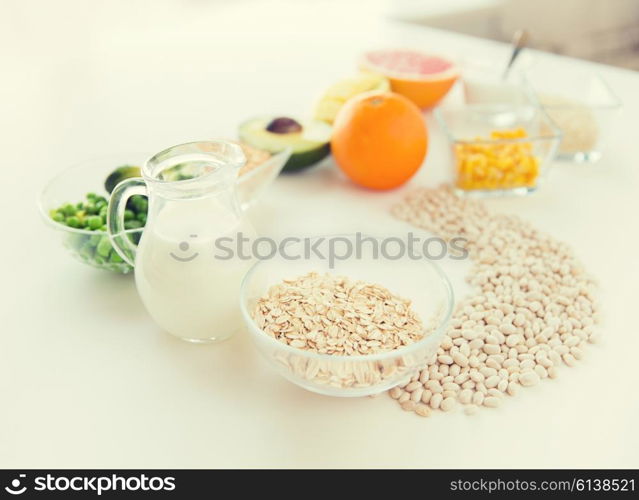 healthy eating, vegetarian food, diet and culinary concept - close up of food ingredients in letter b shape