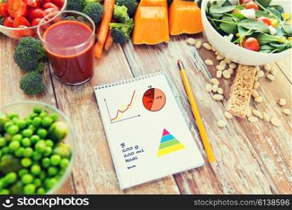 healthy eating, vegetarian food, diet and weight control concept - close up of ripe vegetables and notebook with charts and calories on wooden table