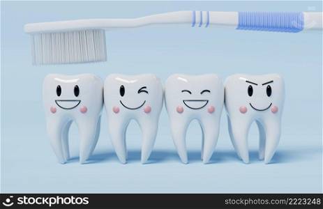 Healthy emotion teeth with toothbrush on blue background. Dental and Health care concept. 3D illustration rendering