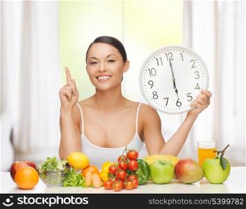 healthy food and diet - happy woman with fruits and vegetables
