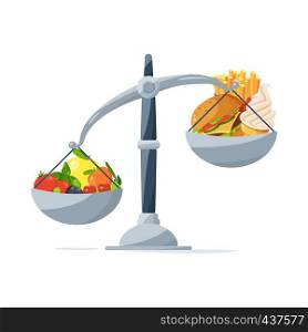 Healthy food and fast food on the scales. Choose that you eat. Vector picture in cartoon style food for healthy on scale and hamburger illustration. Healthy food and fast food on the scales. Choose that you eat. Vector picture in cartoon style