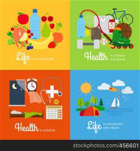 Healthy food and sports activity, healthy schedule and outdoor exercises. Healthy lifestyle elements. Vector illustration. Healthy lifestyle elements