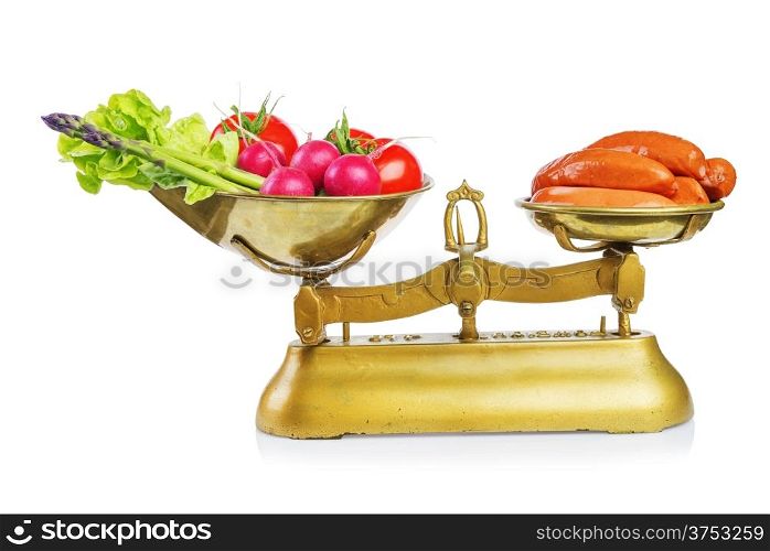 Healthy food and unhealthy food on scales.Dieting concept.Isolated.