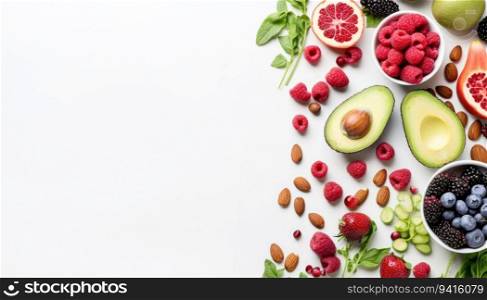 Healthy food background. Fresh fruits and berries on white table. Top view with copy space