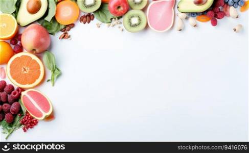 Healthy food background. Fruits and vegetables on a white background.
