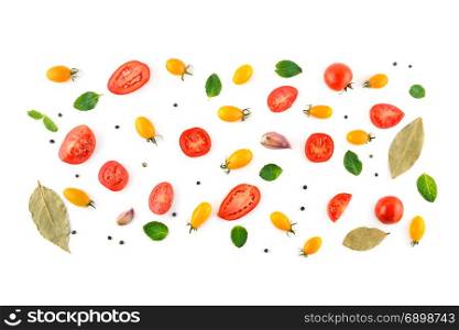 Healthy food background. Tomatoes and spices isolated on white background.