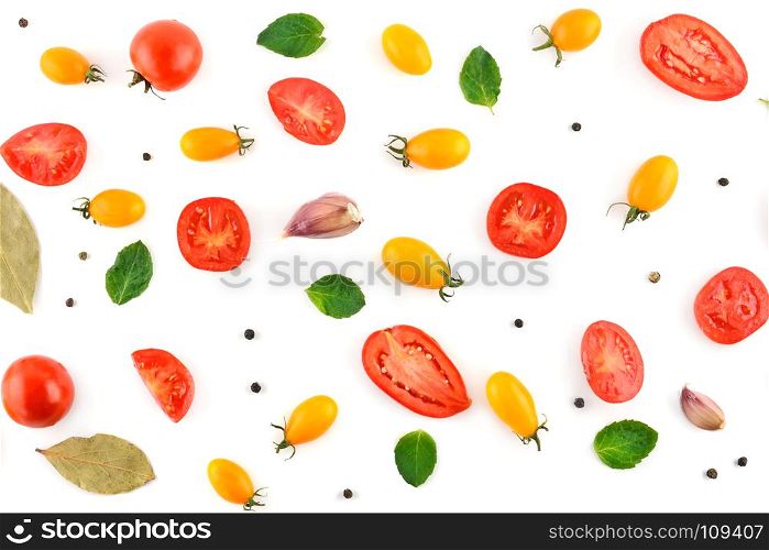 Healthy food background. Tomatoes and spices isolated on white background. Flat lay, top view.
