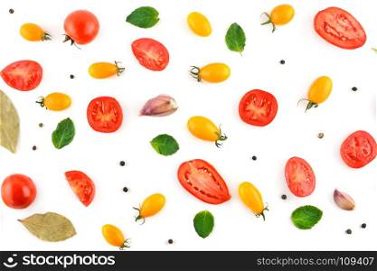 Healthy food background. Tomatoes and spices isolated on white background. Flat lay, top view.