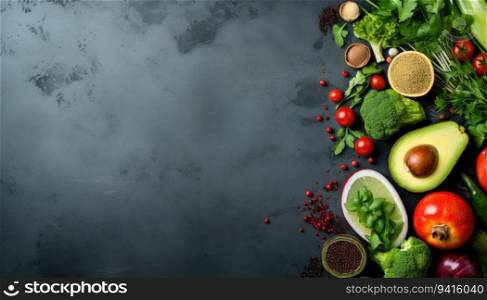Healthy food background. Vegetables, herbs and spices on dark background. Top view with copy space