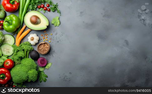 Healthy food background. Vegetables, herbs and spices on grey background. Top view with copy space