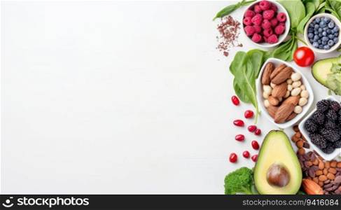 Healthy food background with fresh vegetables, fruits and nuts. Top view with copy space