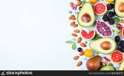 Healthy food background with fruits and vegetables. Top view with copy space