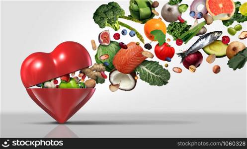 Healthy food concept and nutritional ingredients for heart health with fruit vegetables nuts fish and beans as a natural diet with 3D illustration elements.