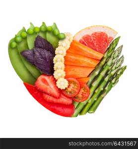 Healthy food concept of a human heart made of fresh vegetables and fruits that reduce death risk, isolated on white.