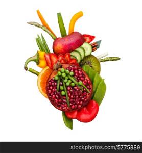 Healthy food concept of a human heart made of fruits and vegs that reduce death risk, isolated on white.