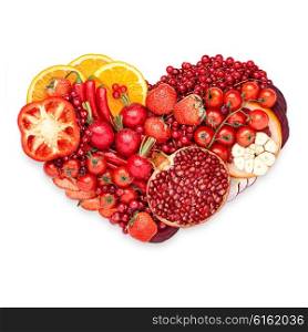 Healthy food concept of a human heart made of vegetable and fruit mix that reduce death risk, isolated on white.