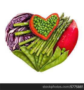 Healthy food concept of a human heart made of vegetable mix that reduce death risk, isolated on white.