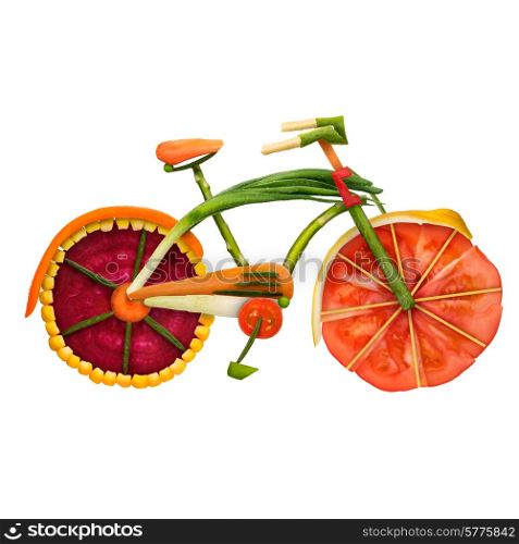 Healthy food concept of an urban fixed gear bicycle in detail made of fresh vegetables full of vitamins, isolated on white background.