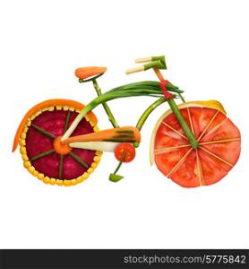 Healthy food concept of an urban fixed gear bicycle in detail made of fresh vegetables full of vitamins, isolated on white background.