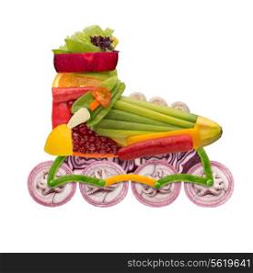 Healthy food concept of inline roller skate made of fresh vegetables full of vitamins, isolated on white.
