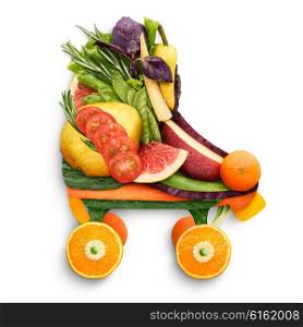 Healthy food concept of quad roller skates made of fresh vegetables and fruits full of vitamins, isolated on white.
