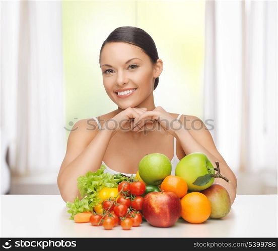 healthy food concept - woman with fresh fruits and vegetables