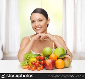 healthy food concept - woman with fresh fruits and vegetables