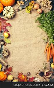 Healthy food cooking background. Vegetable ingredients. Fresh garden carrots, onions, pumpkins, ginger and spices on rustic wooden background, top view, copy space