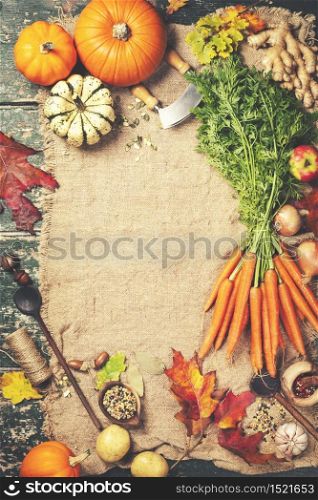 Healthy food cooking background. Vegetable ingredients. Fresh garden carrots, onions, pumpkins, ginger and spices on rustic wooden background, top view, copy space. Healthy food cooking background, top view, copy space