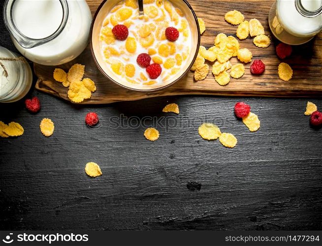 Healthy food. Cornflakes with milk and berries.. Cornflakes with milk and berries.