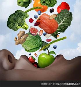 Healthy food diet concept as an open human mouth with nutritious fresh ingredients falling inside as salmon nuts berries beans vegetables and fruit as a dietary and wellness lifestyle in a 3D illustration style.