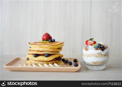 Healthy food for breakfast, pancakes and muesli Beautifully arranged Placed in the wall of the kitchen