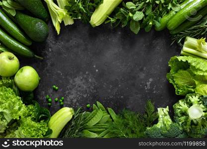Healthy food, fresh raw green organic fruits and vegetables, clean eating, vegetarian food concept background, top view