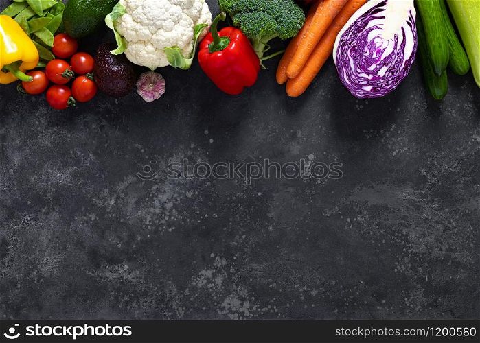 Healthy food, fresh raw organic vegetables, clean eating, vegetarian food concept background, top view