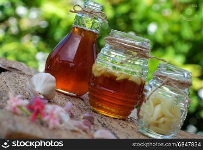 Healthy food from nature herbal, garlic soak in bee honey, a herb remedy for skin care, healthcare, three jar on green background