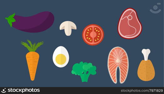 Healthy food icons. Healthy eating vector concept. Beef steak, chicken leg, salmon steak, mushrooms, olives, egg, eggplant, broccoli and other vegetables in flat style.