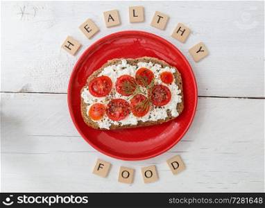 Healthy food letters with tomato bread.. Healthy food letters with tomato bread