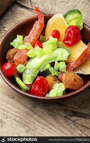 Healthy food,mix dried fruits.Healthy assorted dried fruit on a plate. Dried and candied fruit