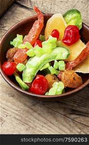 Healthy food,mix dried fruits.Healthy assorted dried fruit on a plate. Dried and candied fruit