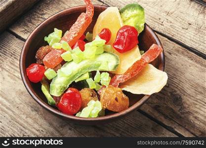 Healthy food,mix dried fruits.Healthy assorted dried fruit on a plate. Assortment of tasty dried fruits