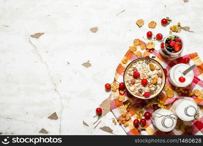 Healthy food. Muesli with forest wild berries. On rustic background.. Healthy food. Muesli with forest wild berries.