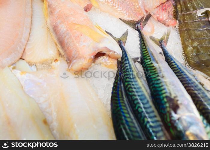 Healthy food nutrition. Various fishes in at famous fish market (Fisketorget) in Bergen, Norway