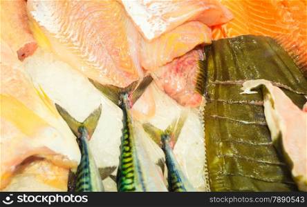 Healthy food nutrition. Various fishes in at famous fish market (Fisketorget) in Bergen, Norway