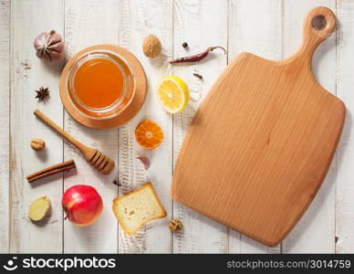 healthy food on wooden table background