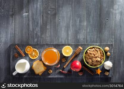healthy food on wooden table background