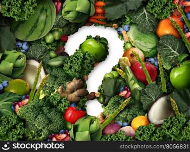 Healthy food questions as a concept for green diet as a group of fresh fruit vegetables nuts beans and berries in the shape of a question mark as a symbol of good high fiber eating and information on natural nutrition in a 3D illustration style.