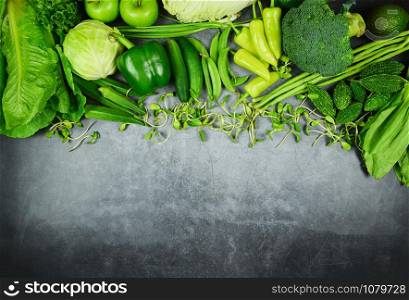 Healthy food selection clean eating for heart life cholesterol diet health concept / Fresh green fruit and green vegetables mixed background , vegetable market harvesting agricultural products