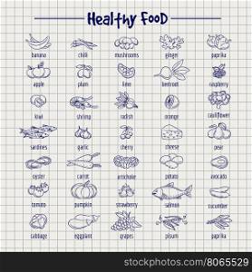 Healthy food set on notebook page. Healthy food set vector on notebook page. Sketch style food illustration
