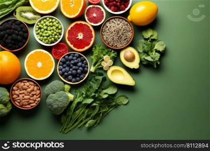 healthy food vegetables and fruit on green background. Generative ai.
